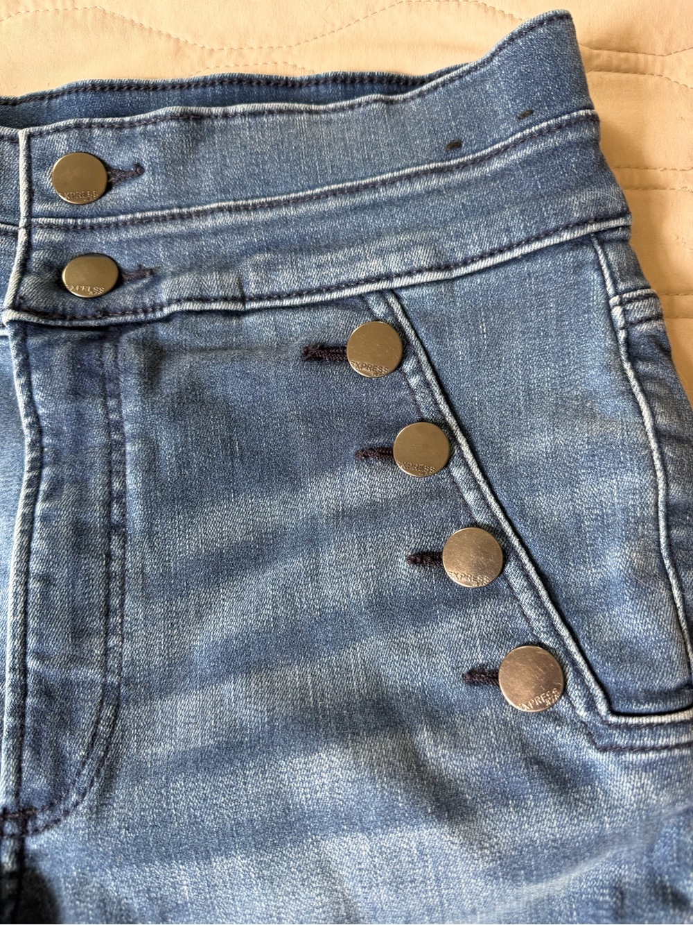 Express High-Rise Blue Denim Jeans with Button Accent - Picture 2 of 7